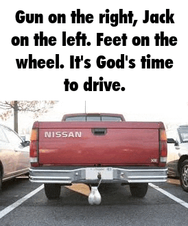 a red nissan truck is parked in a parking lot with a ball attached to the back .