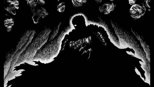 a black and white drawing of a man surrounded by demons in a cave .