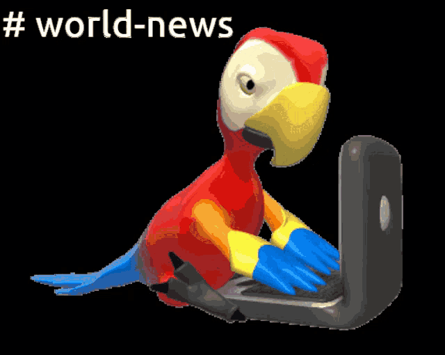 a cartoon parrot is typing on a laptop with the hashtag #world-news below it