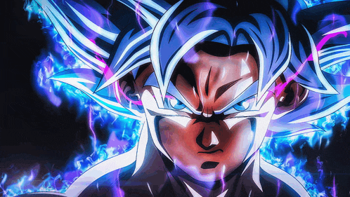 a close up of a cartoon character 's face with purple and blue flames behind him