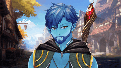 a man with blue hair and a beard is standing in front of a village