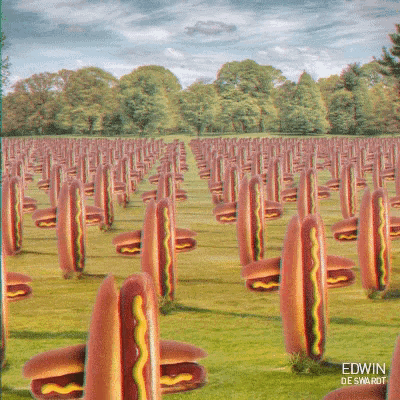 a bunch of hot dogs in a field with edwin de swarot written on the bottom