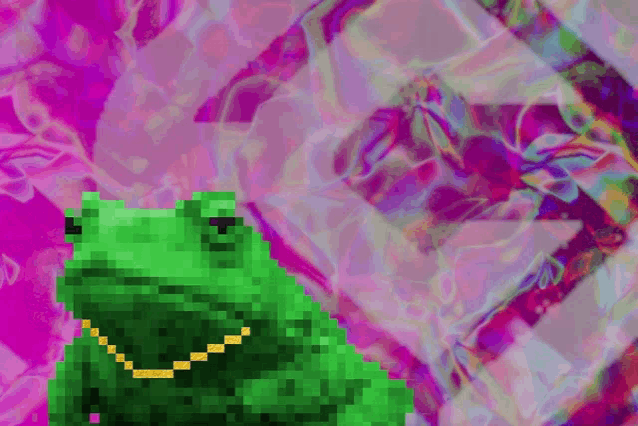 a pixelated frog with a gold chain around its neck