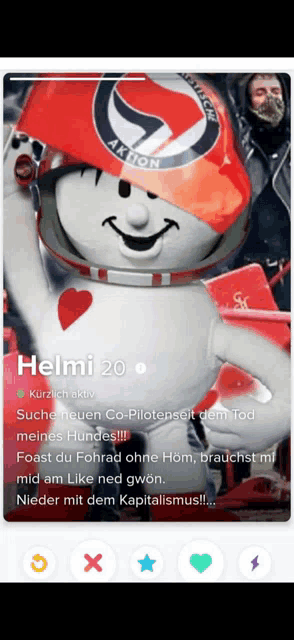 a picture of a mascot with the name helmi on the bottom