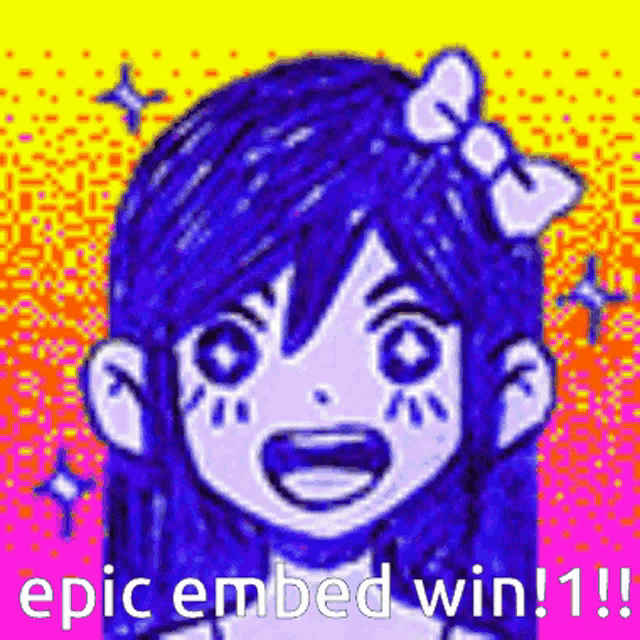 a drawing of a girl with blue hair and a bow on her head with the words `` epic embedded win ! ''