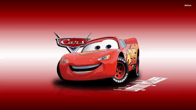 a lightning mcqueen from the movie cars is smiling on a red background