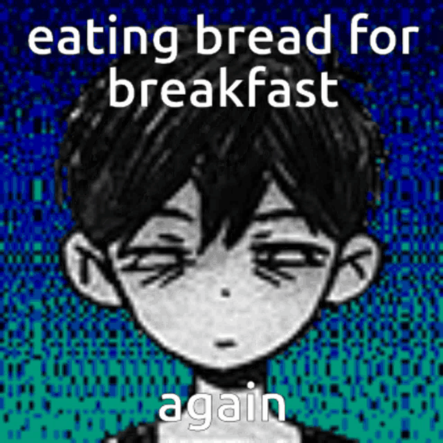 a black and white drawing of a boy eating bread for breakfast again .