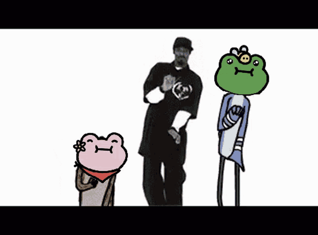 a cartoon of a man standing next to a frog and a raccoon