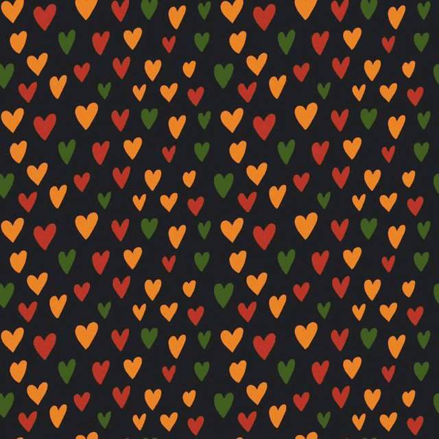 a seamless pattern of red orange and green hearts on a dark background