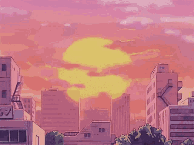 a cartoon of a city at sunset with a pink sky and a heart in the sky .