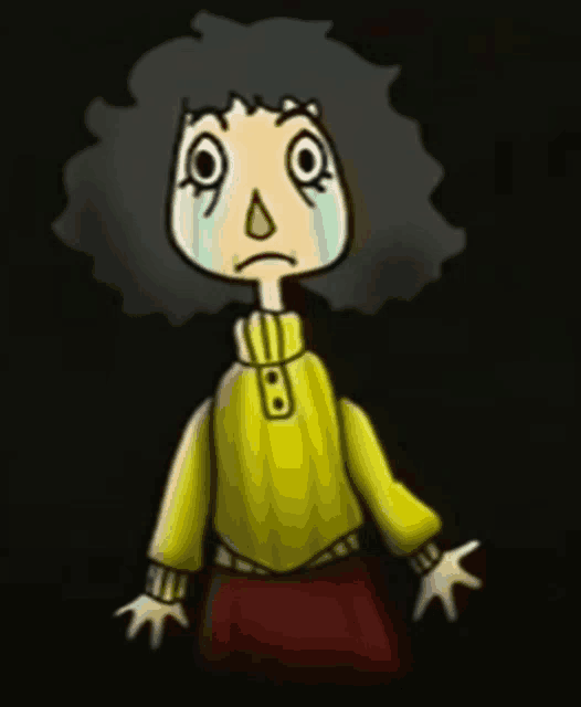 a cartoon drawing of a girl with a yellow sweater and red skirt crying