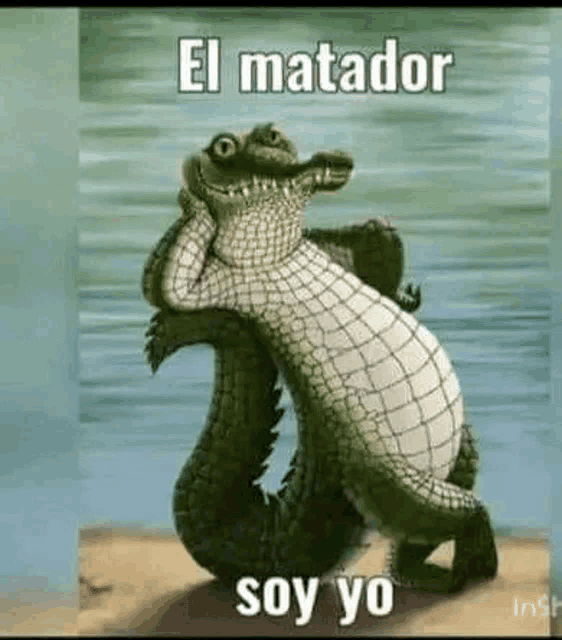 a cartoon crocodile is standing on a beach next to a body of water and says `` el matador soy yo '' .