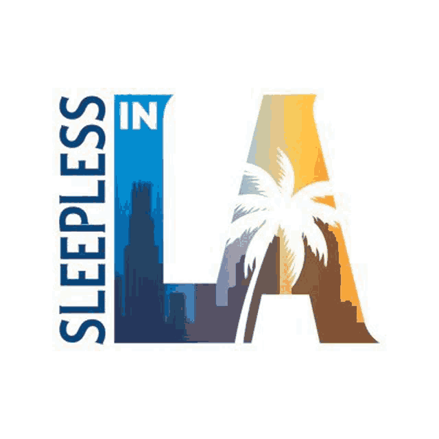 a logo for sleepless in la with a palm tree and city skyline