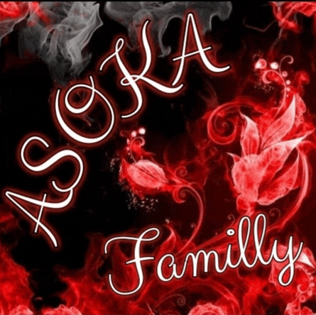 a sign that says asoka family with red flowers in the background