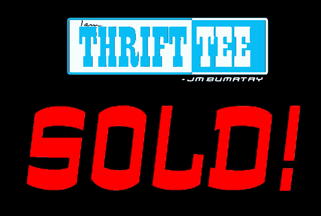 a thrift tee logo next to a sold sign on a black background