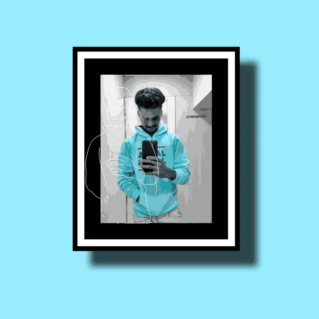 a man in a blue hoodie is taking a selfie in a mirror