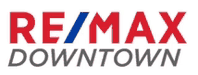 the re / max downtown logo is red , white and blue .