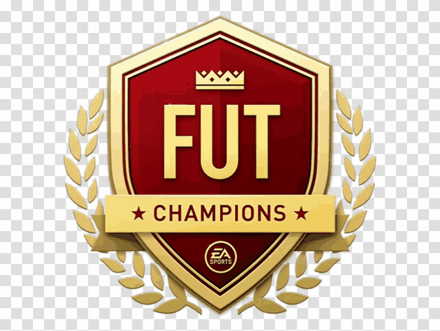 a red and gold fut champions emblem with a laurel wreath around it