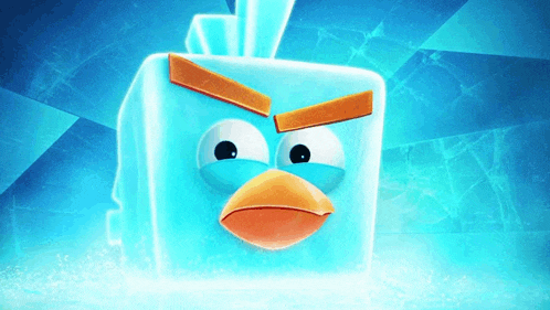 a blue angry bird with a yellow beak is sitting on ice