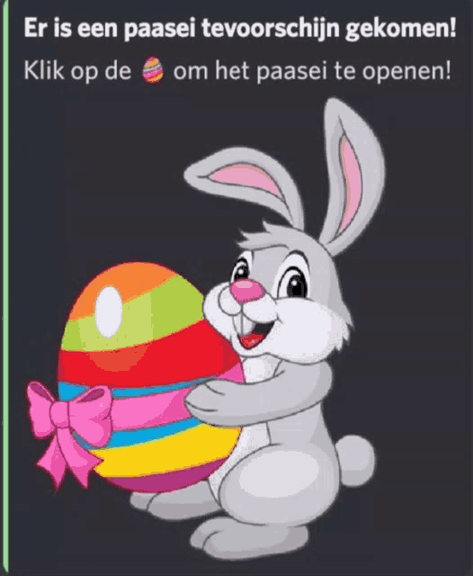 a cartoon bunny is holding a rainbow colored easter egg with a pink bow