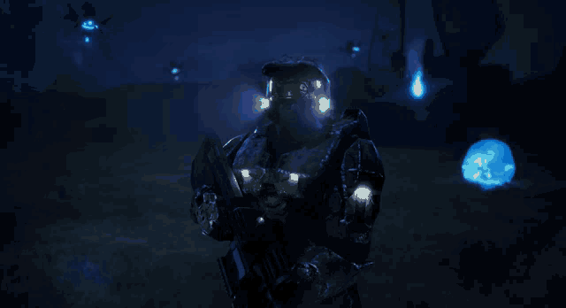 a video game character is standing in a dark field