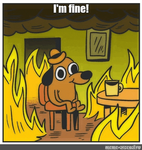 a cartoon dog is sitting at a table with a cup of coffee and says i 'm fine !