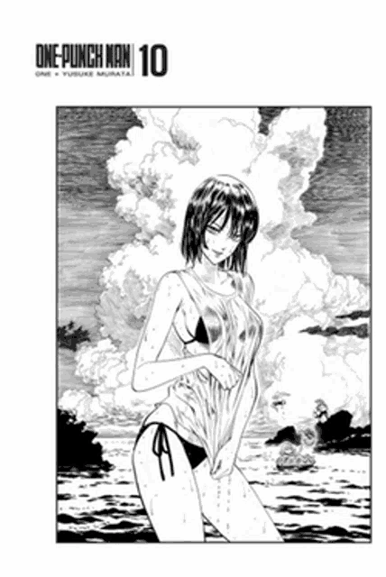 a black and white drawing of a woman in a bikini on the cover of one punch man