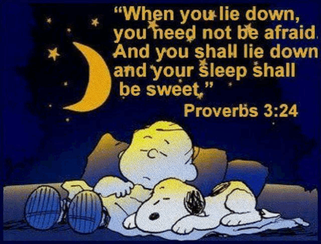 snoopy and charlie brown are sleeping in a bed with a quote from proverbs 3:24 .