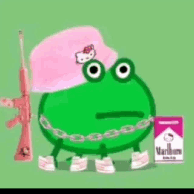 a frog wearing a pink hello kitty hat and holding a gun and a pack of marlboro cigarettes .