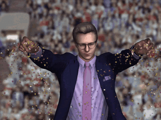 a man in a suit and tie stands in front of a crowd throwing confetti