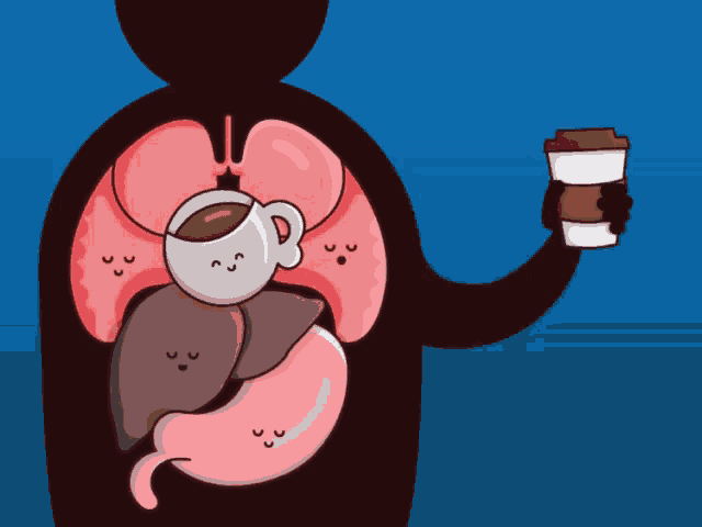 a cartoon of a person holding a cup of coffee in their hand