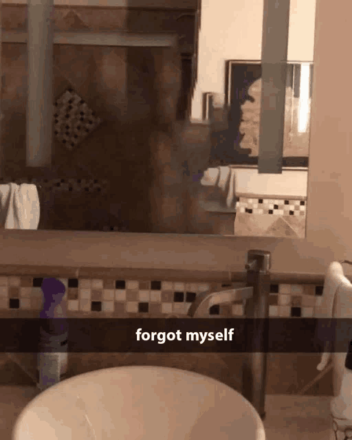 a bathroom with a sink and a mirror and the words forgot myself