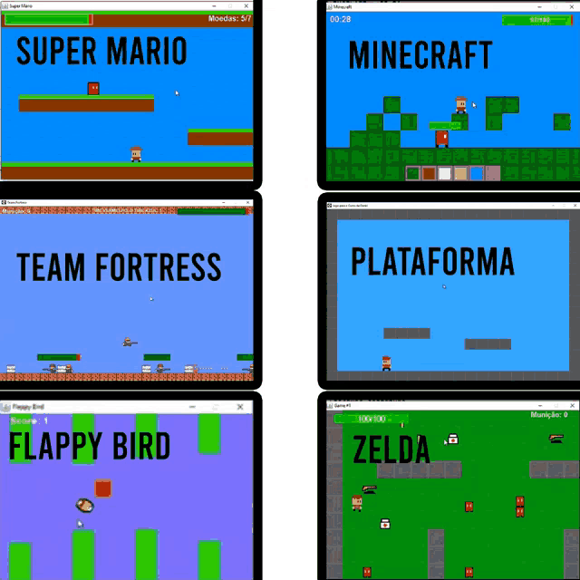 a collage of four different video games including super mario and minecraft