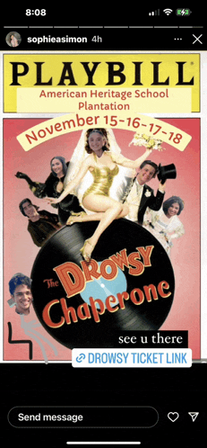 a playbill for the drowsy chaperone is displayed on a phone screen