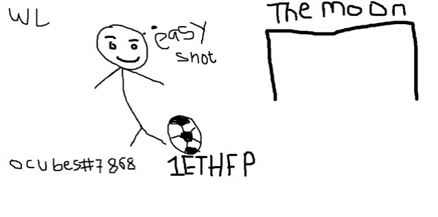 a drawing of a stick figure kicking a soccer ball with the words " easy shot " and " the moon " below it