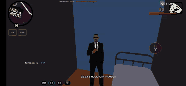 a man in a suit and tie is standing in front of a bed in a game called gs life roleplay member