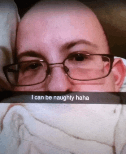 a man wearing glasses has a snapchat that says i can be naughty haha