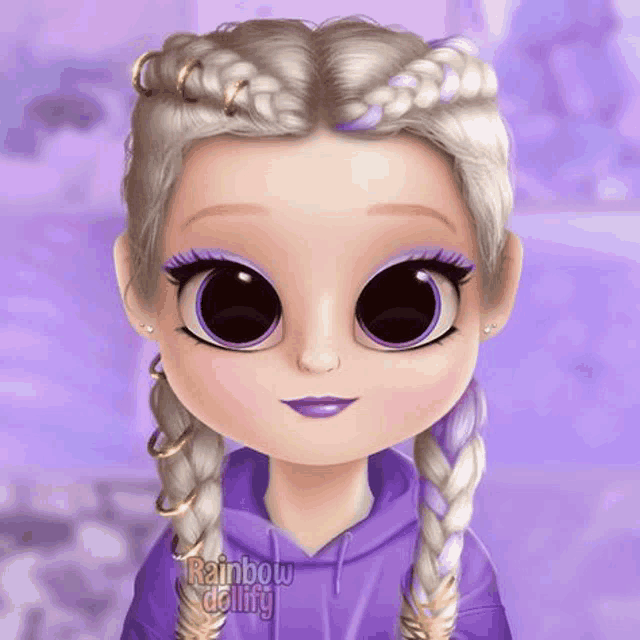 a cartoon girl with braids is wearing a purple hoodie and earrings .