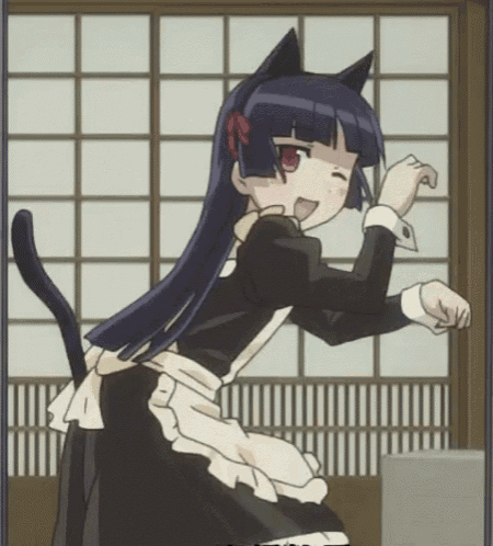 a girl with black hair and cat ears is wearing an apron