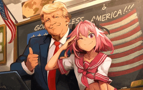 a drawing of donald trump giving a thumbs up next to a girl