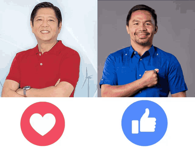 a man in a red shirt is next to a man in a blue shirt with a thumbs up icon