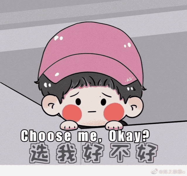 a cartoon of a boy wearing a pink hat with the words choose me okay below him