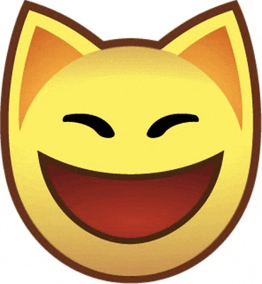 a yellow cat smiley face with its eyes closed and its mouth wide open