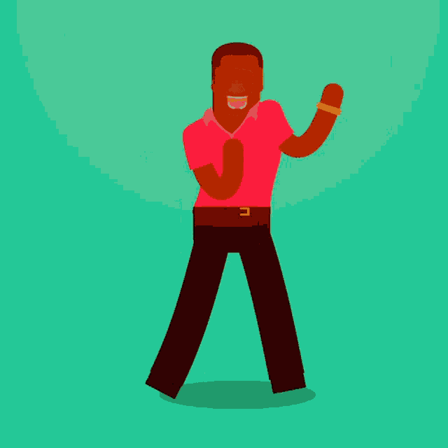 a man in a red shirt is dancing with his mouth open
