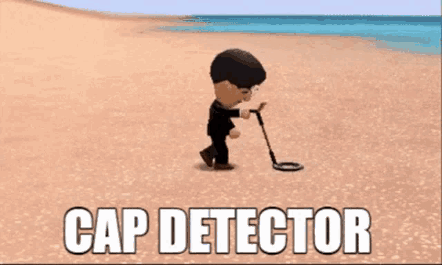 a cartoon character is using a metal detector on the beach and the caption says cap detector