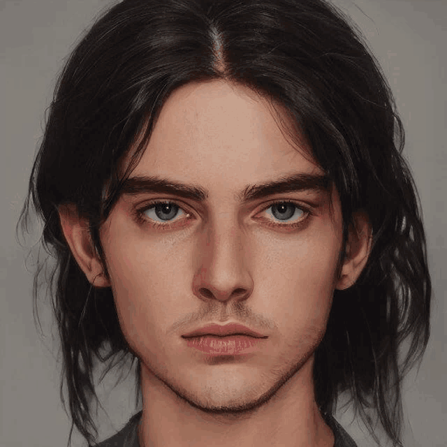 a close up of a man 's face with long hair