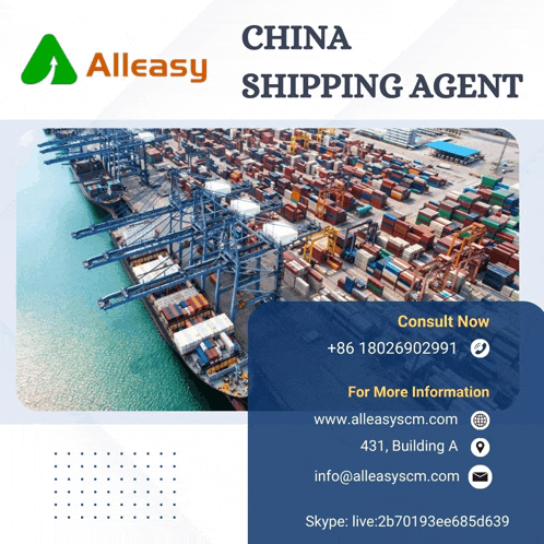 an advertisement for alleasy china shipping agent shows a large ship filled with containers