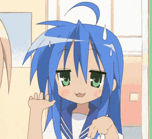 a cartoon girl with blue hair and green eyes is waving