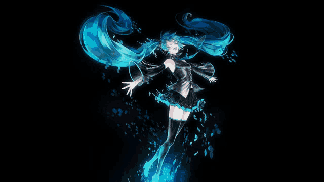 a girl with long blue hair is standing in the dark with her arms outstretched