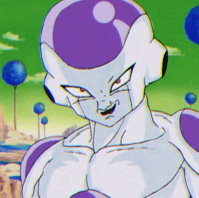 a close up of a cartoon character 's face with a purple head